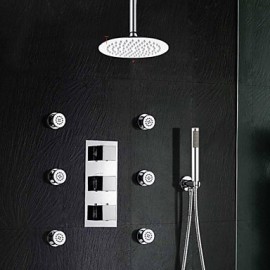 Brass Thermostatic Shower Valve Stainless Steel 8" Round Rain Bathroom Shower Tap Spa Body Massage Spray Jets