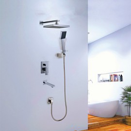 Shower Tap Contemporary Chrome Wall Mounted Double Handles Brass with Square Shower Head and Hand Shower