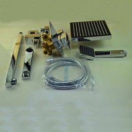 Shower Tap Contemporary Chrome Wall Mounted Double Handles Brass with Square Shower Head and Hand Shower