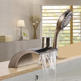 Contemporary Nickel Brushed Three Holes Single Handle Waterfall Bathtub Tap with Hand Shower