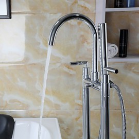 Two Handle Floor Standing Tub Tap with Hand Shower - Chrome Finish