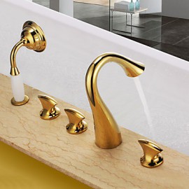 Antique Ti-PVD Five Holes Three Handles Waterfall Bathtub Tap with Hand Shower