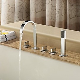 Contemporary 5 Holes Chrome Finish Brass Bathtub Tap with Hand Shower