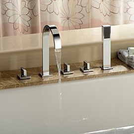 Contemporary 5 Holes Chrome Finish Brass Bathtub Tap with Hand Shower