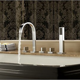 Contemporary 5 Holes Chrome Finish Brass Bathtub Tap with Hand Shower