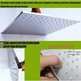 16 Inch Square Stainless Steel 304 Rainfall Shower Head With 3 Colors LED Temperature Sensitive Light