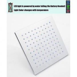8 Inch Square Chrome Overhead LED Rainfall Shower Head With 3 Colors Changing LED