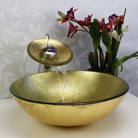 Bathroom Sink Set,Tempered glass Vessel Sink With Waterfall Tap,Mounting Ring and Water Drain