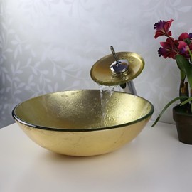 Bathroom Sink Set,Tempered glass Vessel Sink With Waterfall Tap,Mounting Ring and Water Drain