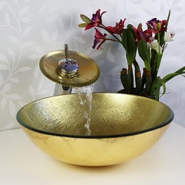 Bathroom Sink Set,Tempered glass Vessel Sink With Waterfall Tap,Mounting Ring and Water Drain