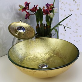 Bathroom Sink Set,Tempered glass Vessel Sink With Waterfall Tap,Mounting Ring and Water Drain