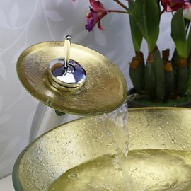 Bathroom Sink Set,Tempered glass Vessel Sink With Waterfall Tap,Mounting Ring and Water Drain