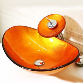 Orange Boat-shaped Tempered Glass Vessel Sink with Waterfall Tap Pop - Up Drain and Mounting Ring