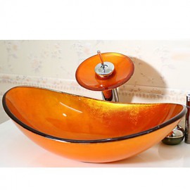 Orange Boat-shaped Tempered Glass Vessel Sink with Waterfall Tap Pop - Up Drain and Mounting Ring