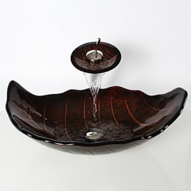 Retro Leaf Shape Tempered Glass Vessel Sink with Waterfall Tap , Pop - Up Drain and Mounting Ring