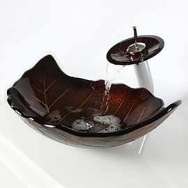Retro Leaf Shape Tempered Glass Vessel Sink with Waterfall Tap , Pop - Up Drain and Mounting Ring