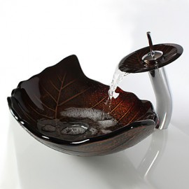 Retro Leaf Shape Tempered Glass Vessel Sink with Waterfall Tap , Pop - Up Drain and Mounting Ring
