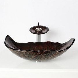 Retro Leaf Shape Tempered Glass Vessel Sink with Waterfall Tap , Pop - Up Drain and Mounting Ring