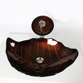 Retro Leaf Shape Tempered Glass Vessel Sink with Waterfall Tap , Pop - Up Drain and Mounting Ring