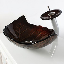 Retro Leaf Shape Tempered Glass Vessel Sink with Waterfall Tap , Pop - Up Drain and Mounting Ring