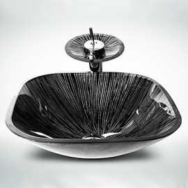 Black+White Square Tempered Glass Vessel Sink with Waterfall Tap Pop - Up Drain and Mounting Ring