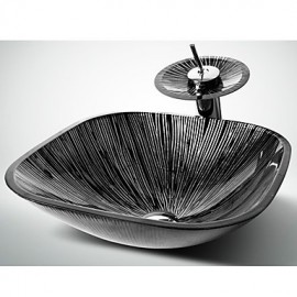 Black+White Square Tempered Glass Vessel Sink with Waterfall Tap Pop - Up Drain and Mounting Ring