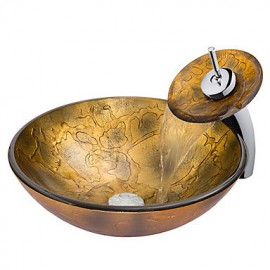 Colourfull Round Tempered Glass Vessel Sink with Waterfall Tap ,Pop - Up Drain and Mounting Ring