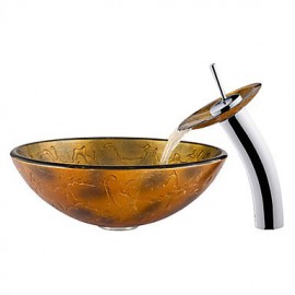 Colourfull Round Tempered Glass Vessel Sink with Waterfall Tap ,Pop - Up Drain and Mounting Ring