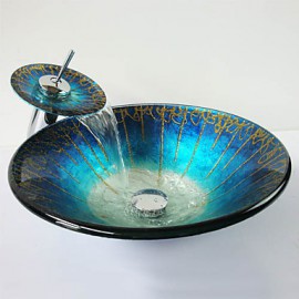 Blue Hat Shape Tempered Glass Vessel Sink with Waterfall Tap ,Pop - Up Drain and Mounting Ring