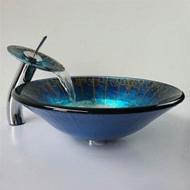 Blue Hat Shape Tempered Glass Vessel Sink with Waterfall Tap ,Pop - Up Drain and Mounting Ring