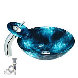 Tempered Glass Vessel Blue Sink With Waterfall Tap ,Pop - Up drain and Mounting Ring