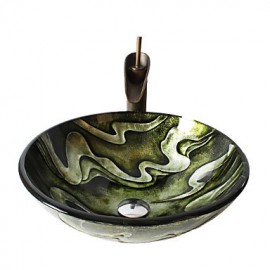 Retro Pattern Round Tempered Glass Vessel Sink with Retro Cup Tap ,Pop - Up Drain and Mounting Ring