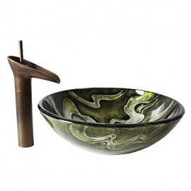 Retro Pattern Round Tempered Glass Vessel Sink with Retro Cup Tap ,Pop - Up Drain and Mounting Ring