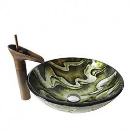 Retro Pattern Round Tempered Glass Vessel Sink with Retro Cup Tap ,Pop - Up Drain and Mounting Ring