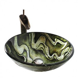 Retro Pattern Round Tempered Glass Vessel Sink with Retro Cup Tap ,Pop - Up Drain and Mounting Ring