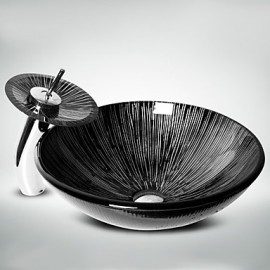 Black+White Round Tempered Glass Vessel Sink with Waterfall Tap Pop - Up Drain and Mounting Ring