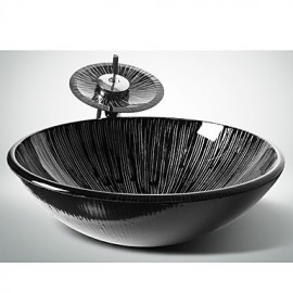 Black+White Round Tempered Glass Vessel Sink with Waterfall Tap Pop - Up Drain and Mounting Ring
