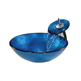 Blue Round Tempered glass Vessel Sink With Waterfall Tap