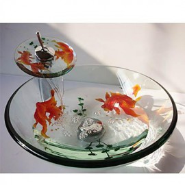 Goldfish Round Tempered Glass Vessel Sink with Waterfall Tap ,Pop - Up Drain and Mounting Ring