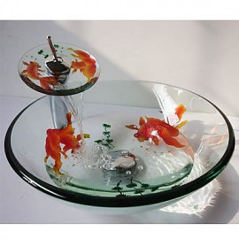 Goldfish Round Tempered Glass Vessel Sink with Waterfall Tap ,Pop - Up Drain and Mounting Ring