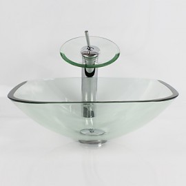 Transparent Square Tempered Glass Vessel Sink with Waterfall Tap Pop - Up Drain and Mounting Ring