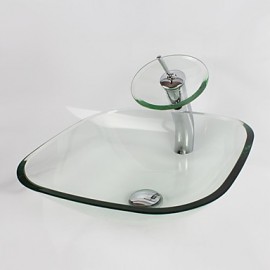 Transparent Square Tempered Glass Vessel Sink with Waterfall Tap Pop - Up Drain and Mounting Ring