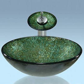 Green Round Tempered Glass Vessel Sink with Waterfall Tap ,Pop - Up Drain and Mounting Ring