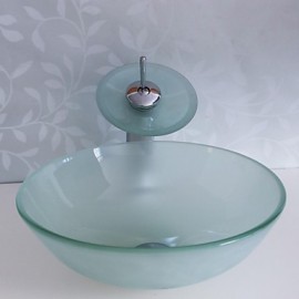 Bathroom Sink Set,Tempered glass Vessel Sink With Waterfall Tap,Mounting Ring and Water Drain