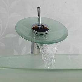 Bathroom Sink Set,Tempered glass Vessel Sink With Waterfall Tap,Mounting Ring and Water Drain