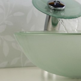 Bathroom Sink Set,Tempered glass Vessel Sink With Waterfall Tap,Mounting Ring and Water Drain