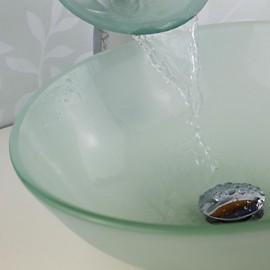 Bathroom Sink Set,Tempered glass Vessel Sink With Waterfall Tap,Mounting Ring and Water Drain