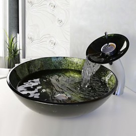 Bathroom Sink Set,Tempered glass Vessel Sink With Waterfall Tap,Mounting Ring and Water Drain