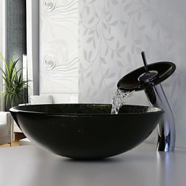 Bathroom Sink Set,Tempered glass Vessel Sink With Waterfall Tap,Mounting Ring and Water Drain