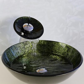 Bathroom Sink Set,Tempered glass Vessel Sink With Waterfall Tap,Mounting Ring and Water Drain